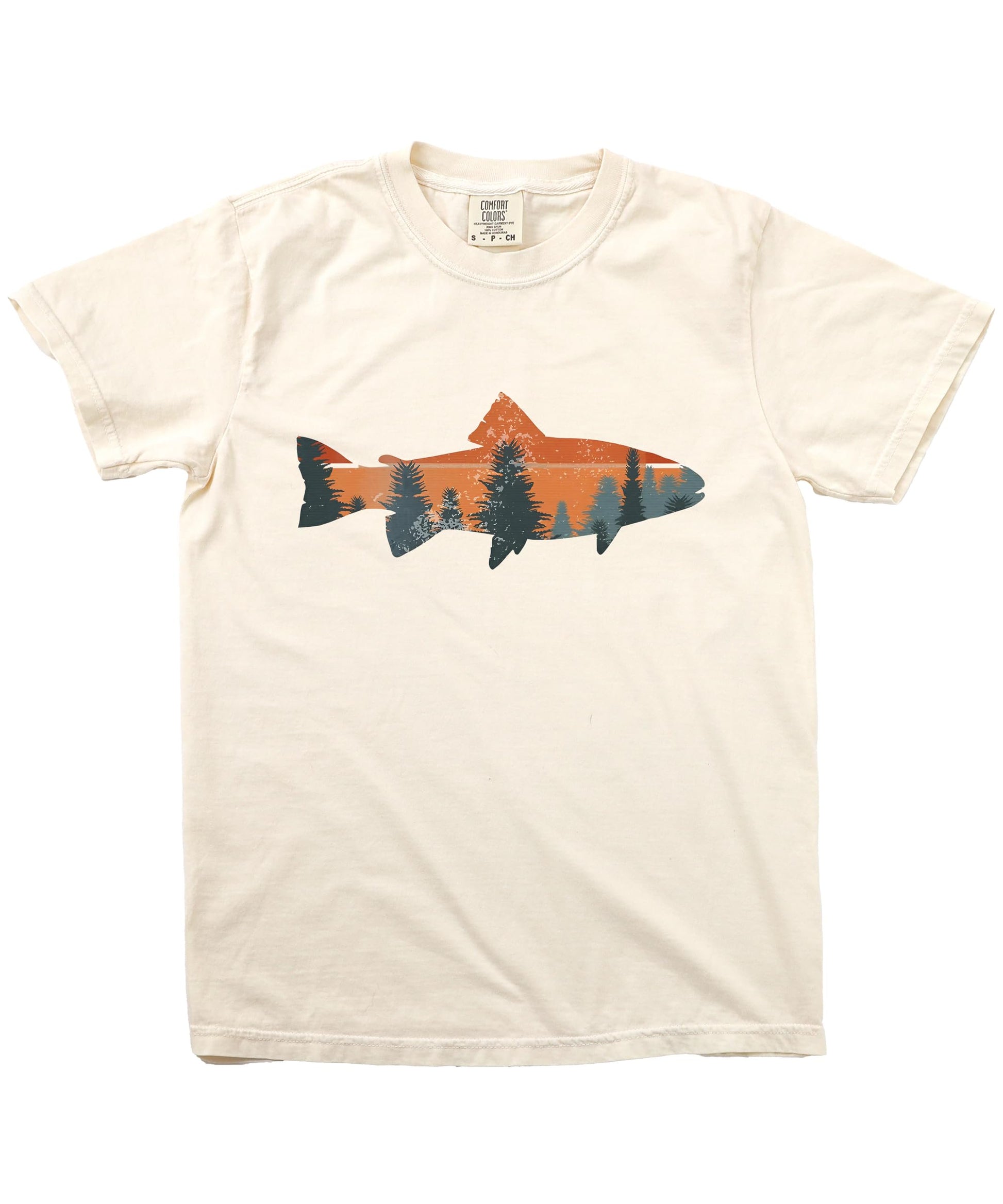 Flat lay of trout fishing graphic tee showing full design and shirt color