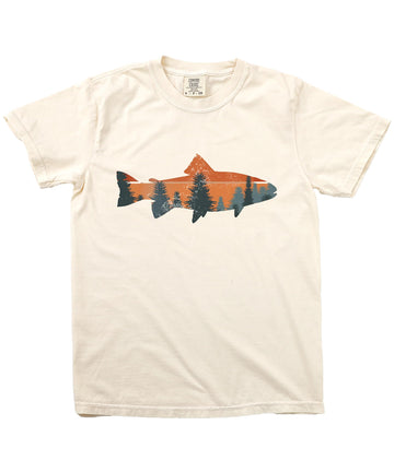 Flat lay of trout fishing graphic tee showing full design and shirt color