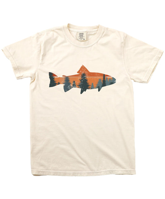Flat lay of trout fishing graphic tee showing full design and shirt color