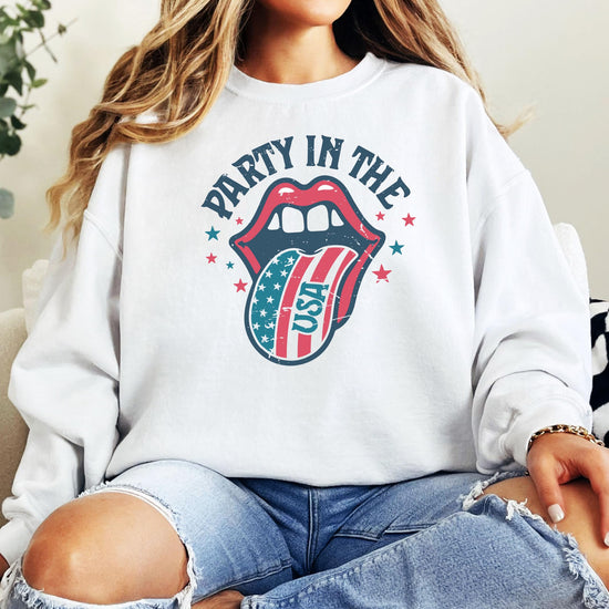 Olive Loves Apple Party In The USA white sweatshirt styled for Fourth of July or summer concert outfit