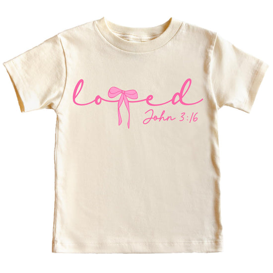 Women's pink Valentine's Day graphic tee with 'Loved John 3:16' text and pink bow design