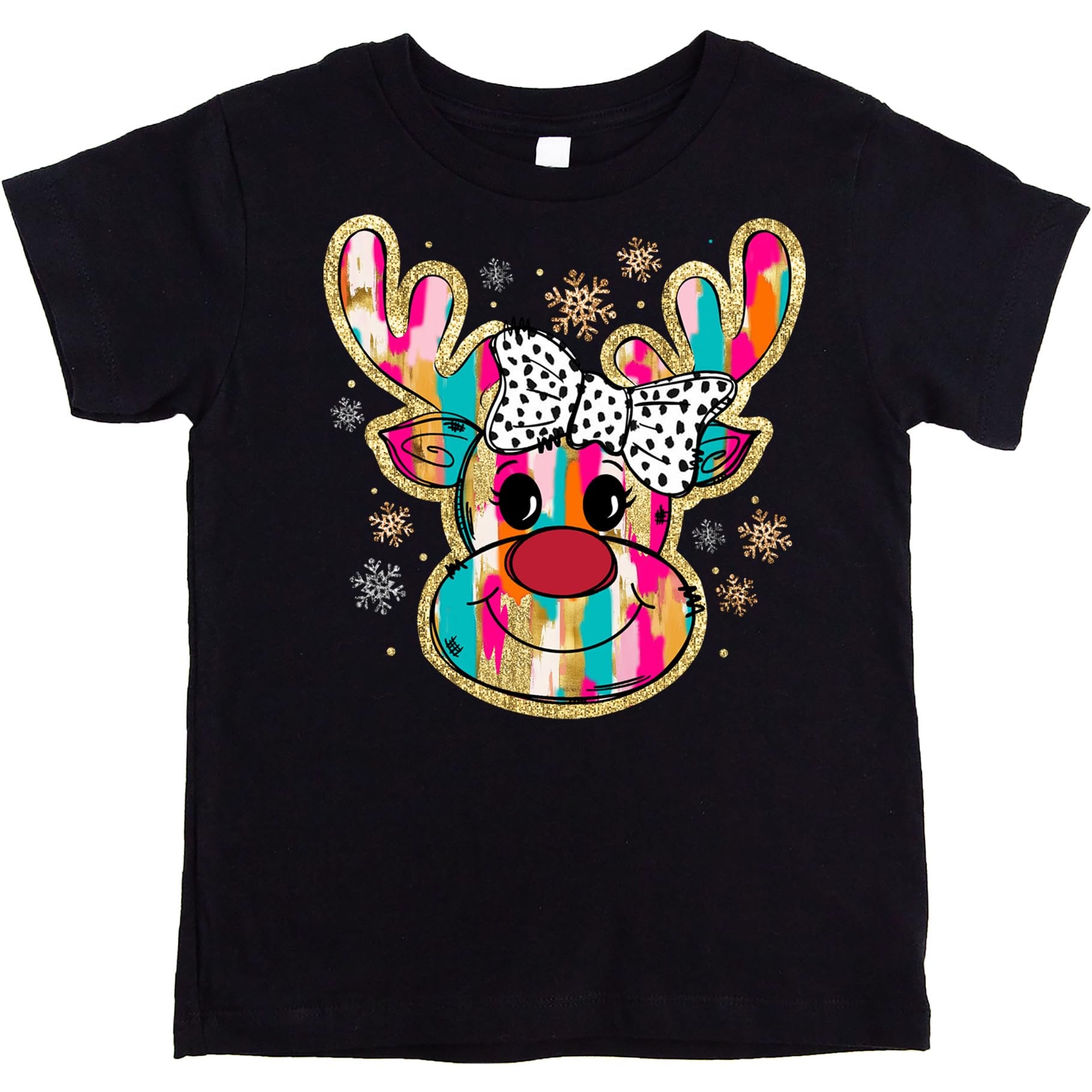 Close-up of faux glitter reindeer with bow design on a pink girls' Christmas shirt