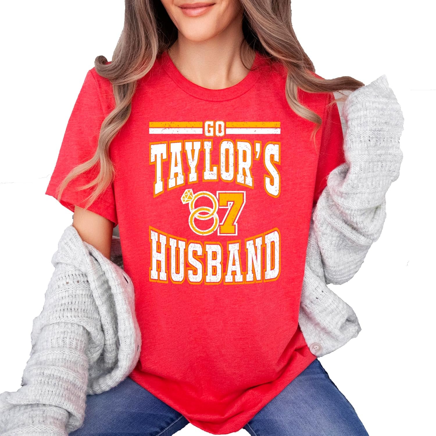 Flat lay of Go Taylor's Husband women's graphic tee in vintage red showing full front design