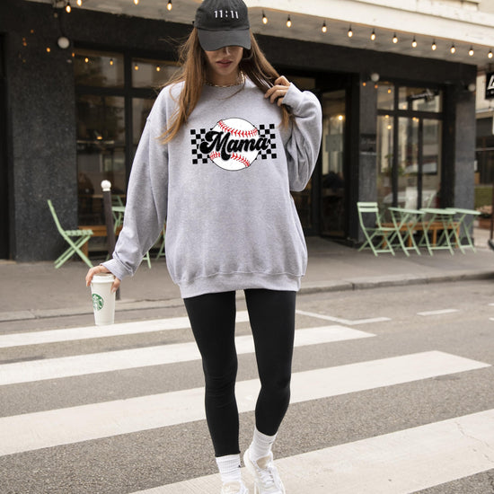 Baseball Mama checkered sweatshirt detail shot showcasing print quality and fabric texture