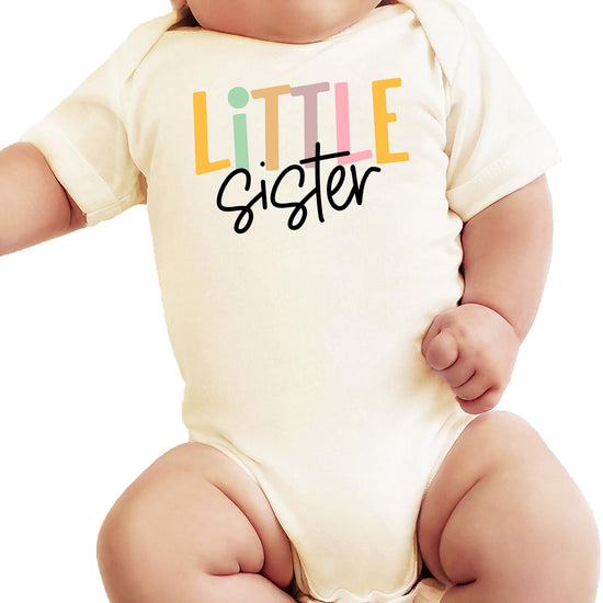 Little Sister natural baby bodysuit with modern typography graphic, snap-closure one-piece for newborns