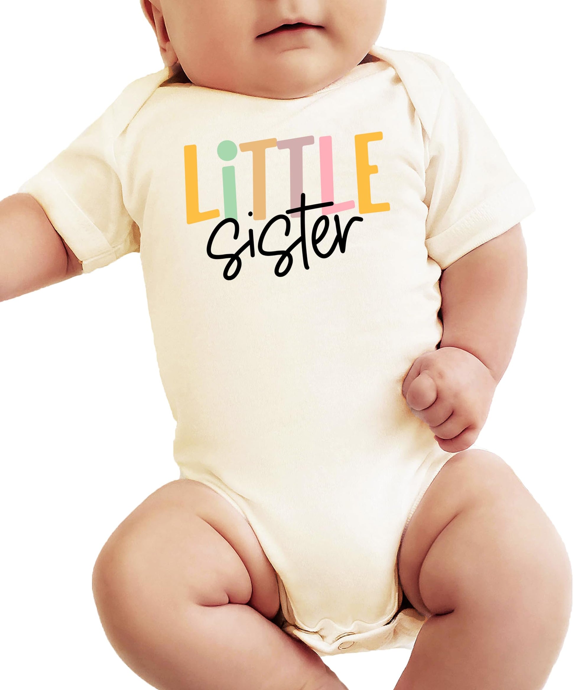 Little Sister natural baby bodysuit with modern typography graphic, snap-closure one-piece for newborns