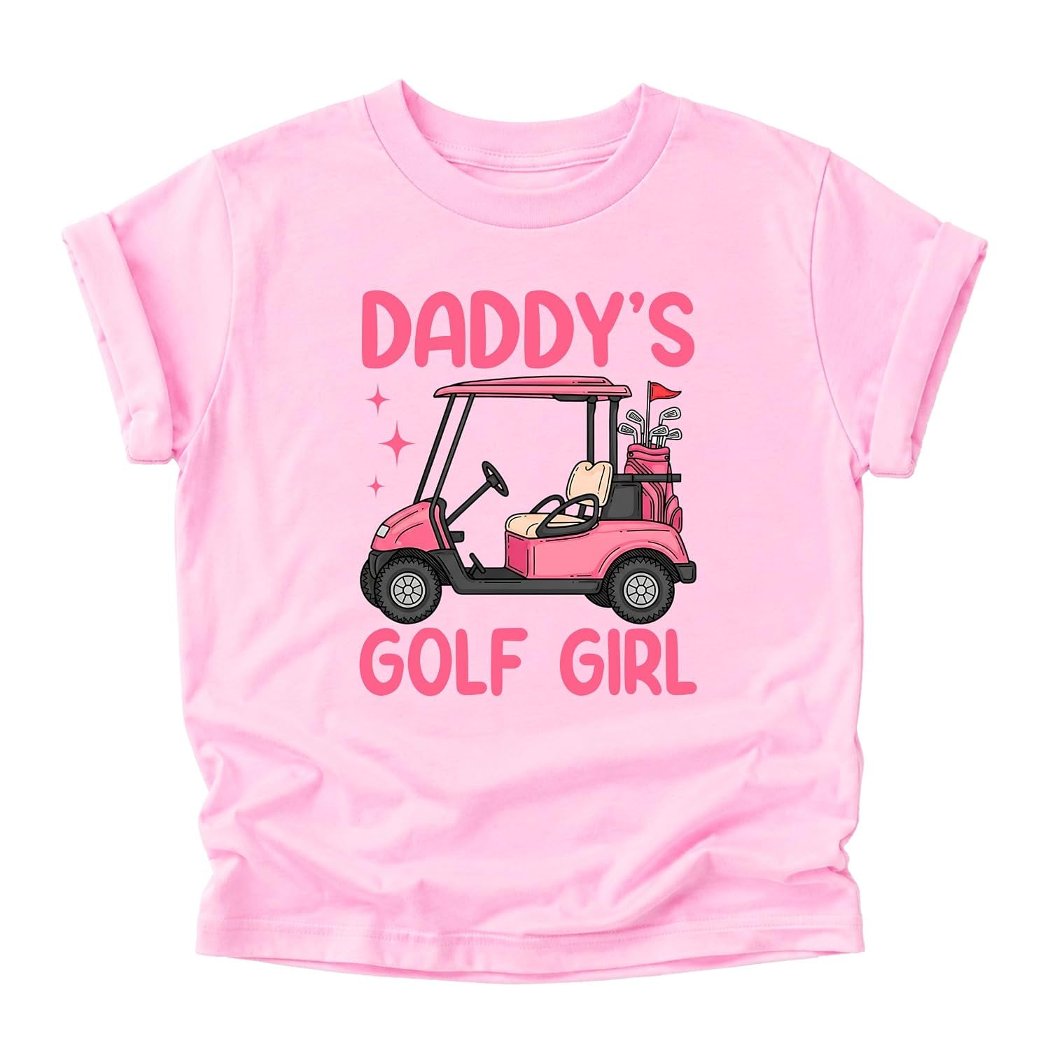 Front view of Daddy's Golf Girl toddler shirt with pink golf cart, clubs, and flag design