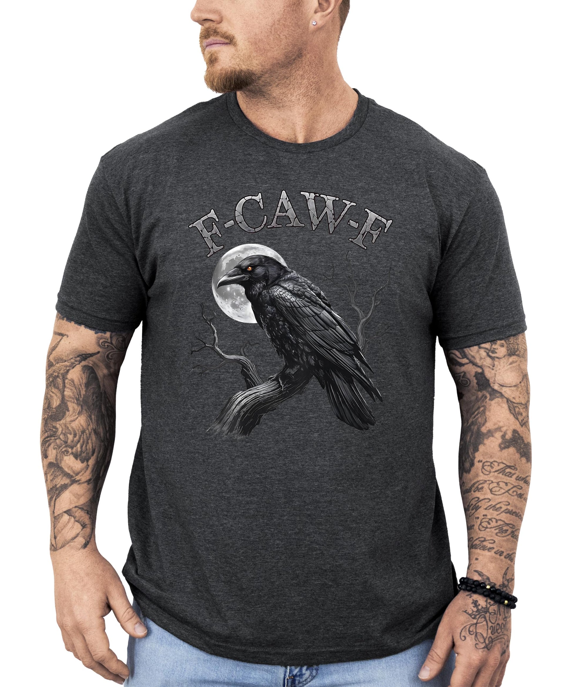 Man wearing black sarcastic crow graphic tee shirt front view