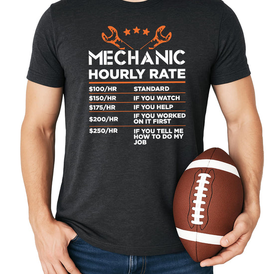 Men's black sarcastic mechanic humor tee with bold Hourly Rate graphic design, full view