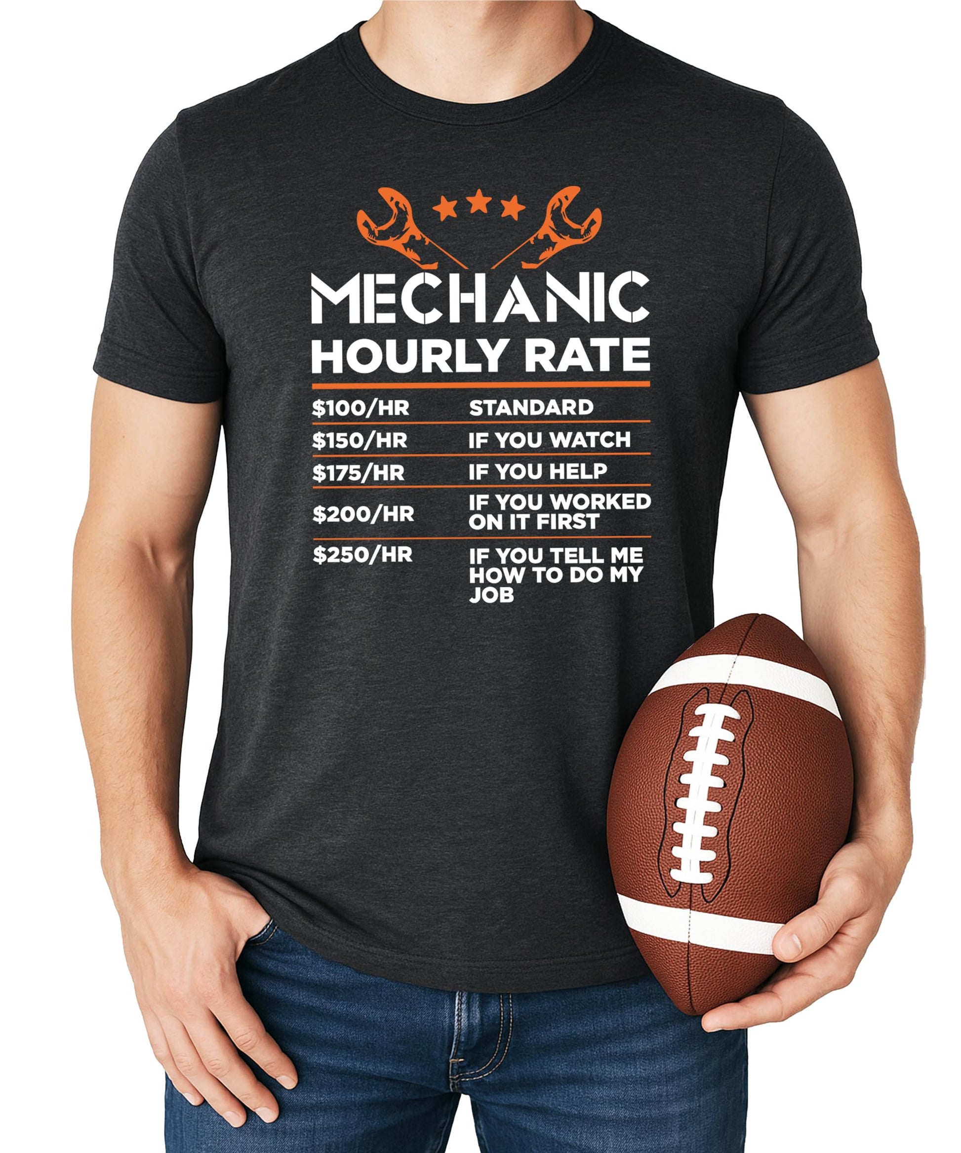 Men's black sarcastic mechanic humor tee with bold Hourly Rate graphic design, full view