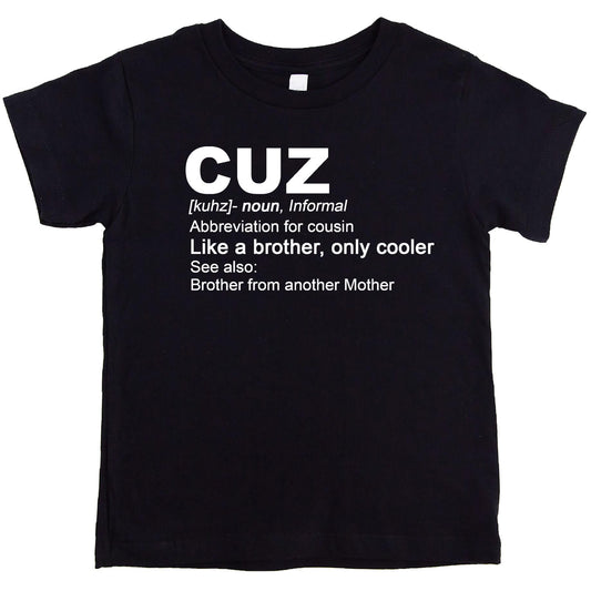 Youth wearing royal blue cousin shirt showing front design and fit