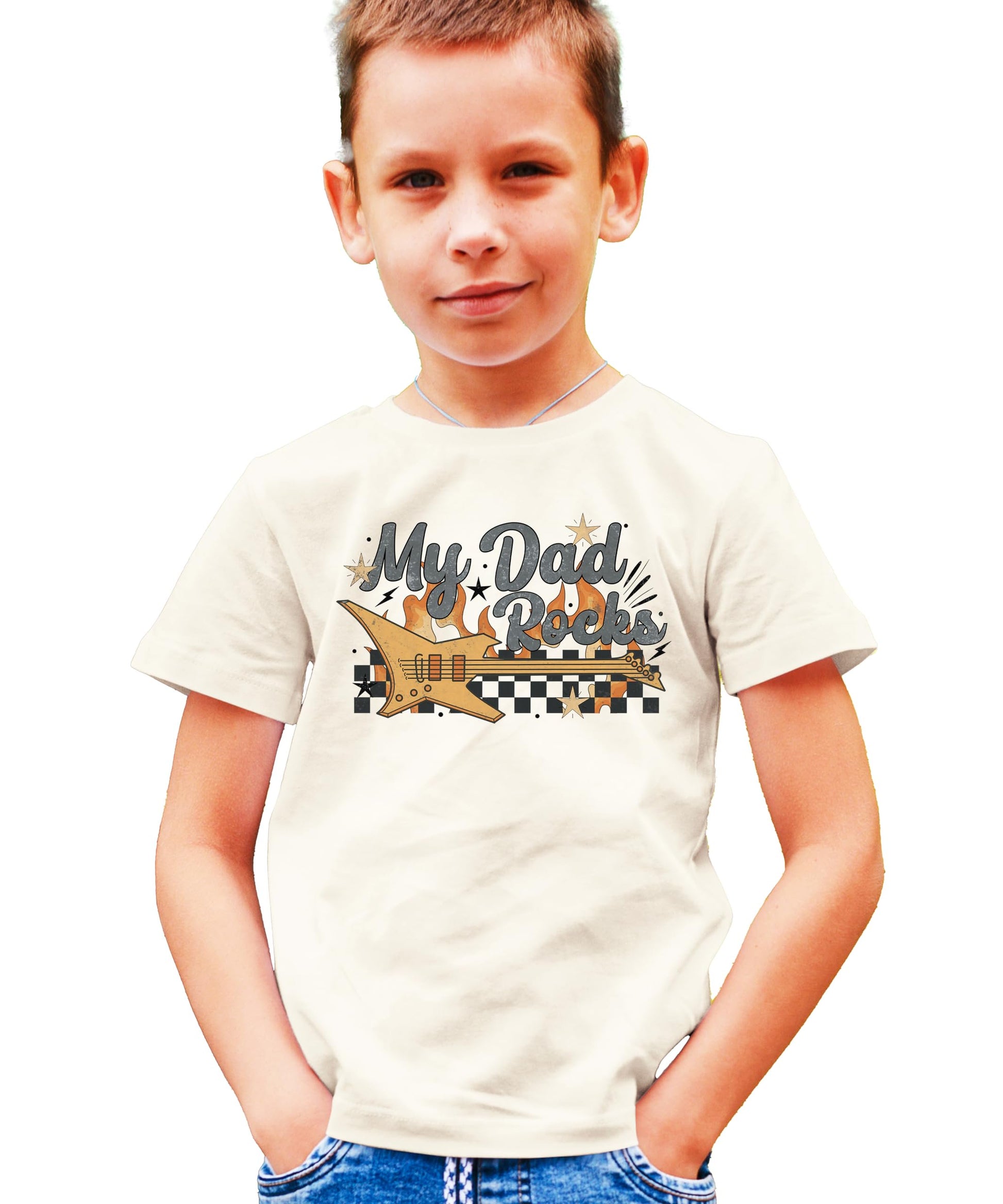 Front view of peach My Dad Rocks rocker graphic tee for toddlers and kids