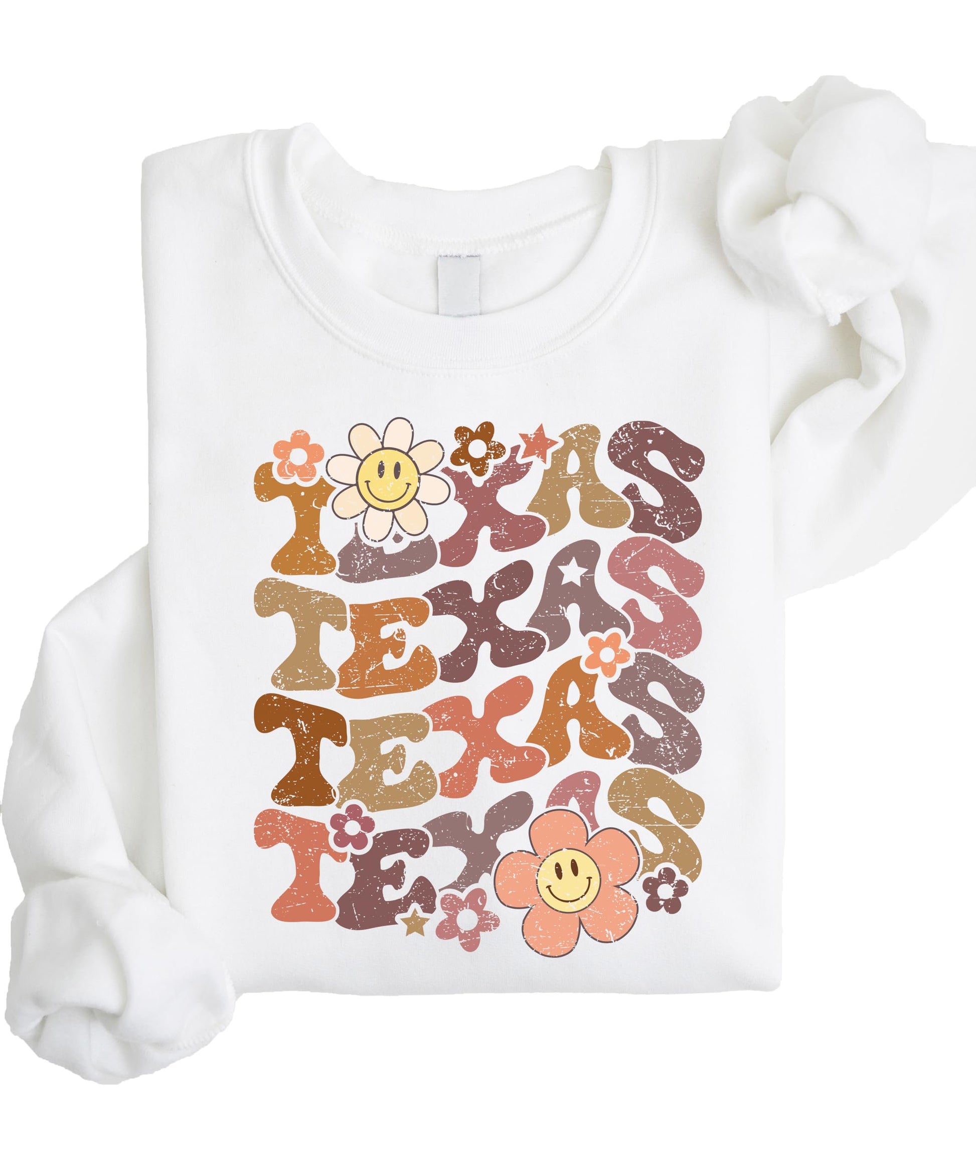 Detail shot of colorful smiley face flowers on Texas sports sweatshirt