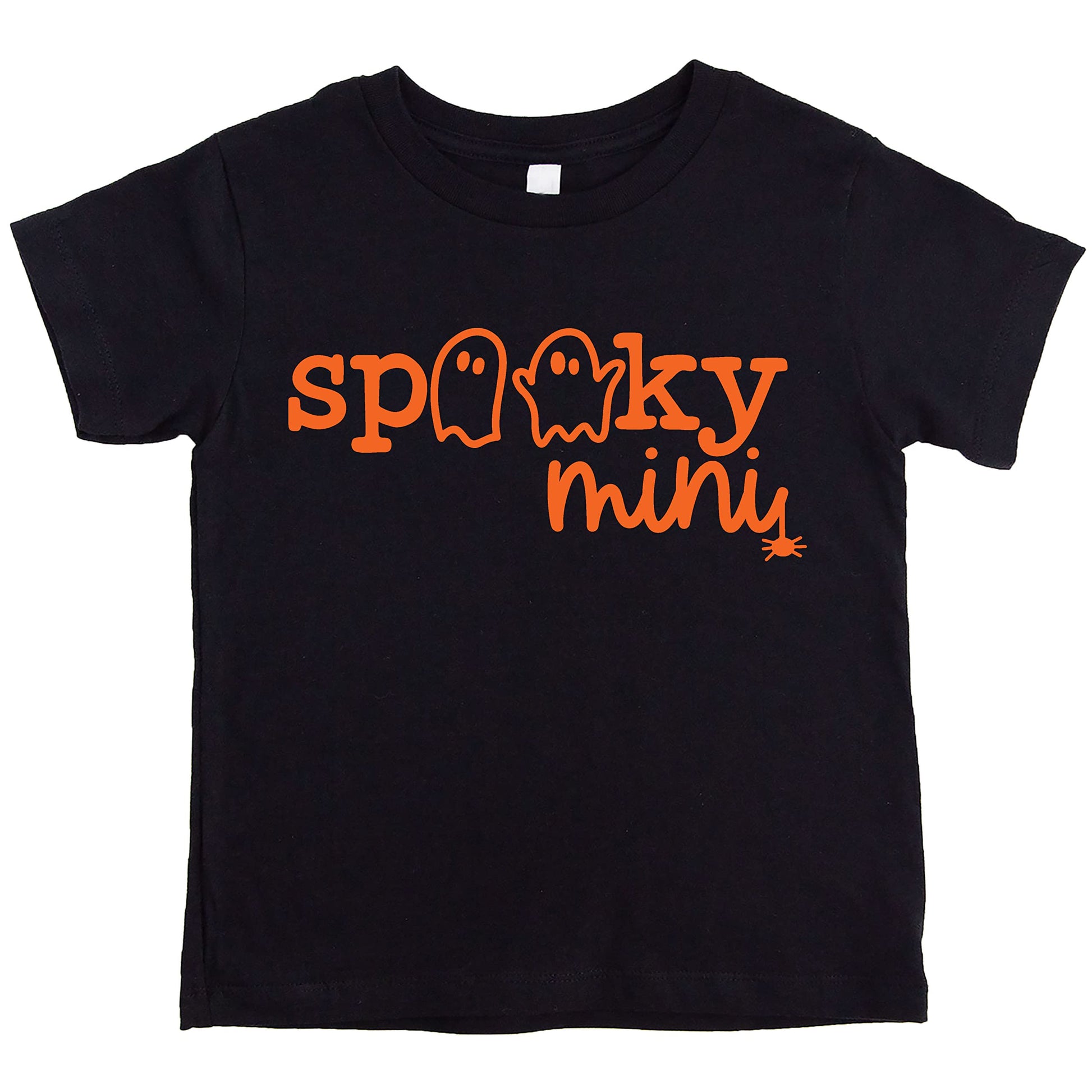 Close-up of orange ghost graphic print on a burgundy baby Halloween bodysuit