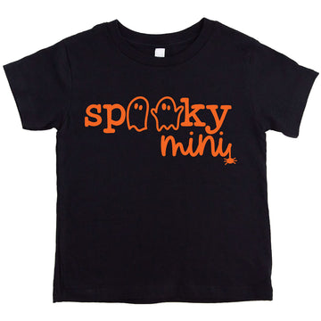Close-up of orange ghost graphic print on a burgundy baby Halloween bodysuit