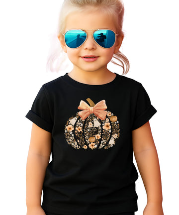 Ghost Floral Pumpkin Shirt For Women, Teens & Kids Cute Fall Halloween T-Shirt With Orange Bow Natural Shirt Youth Large