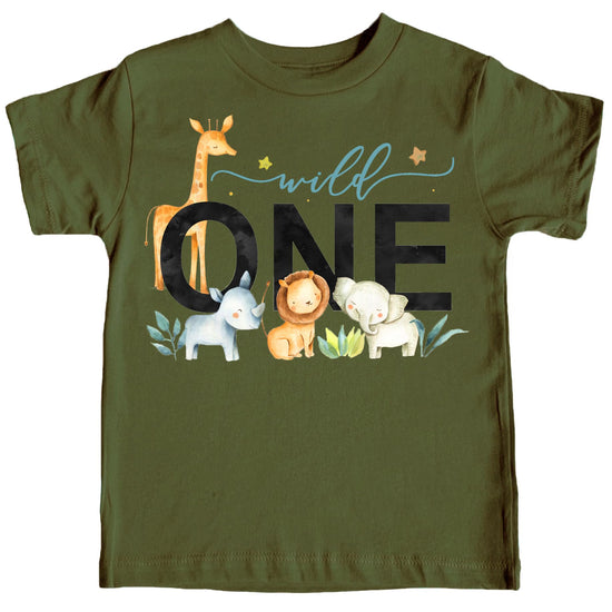 Close-up of Wild One text and safari animal graphics on military green toddler t-shirt