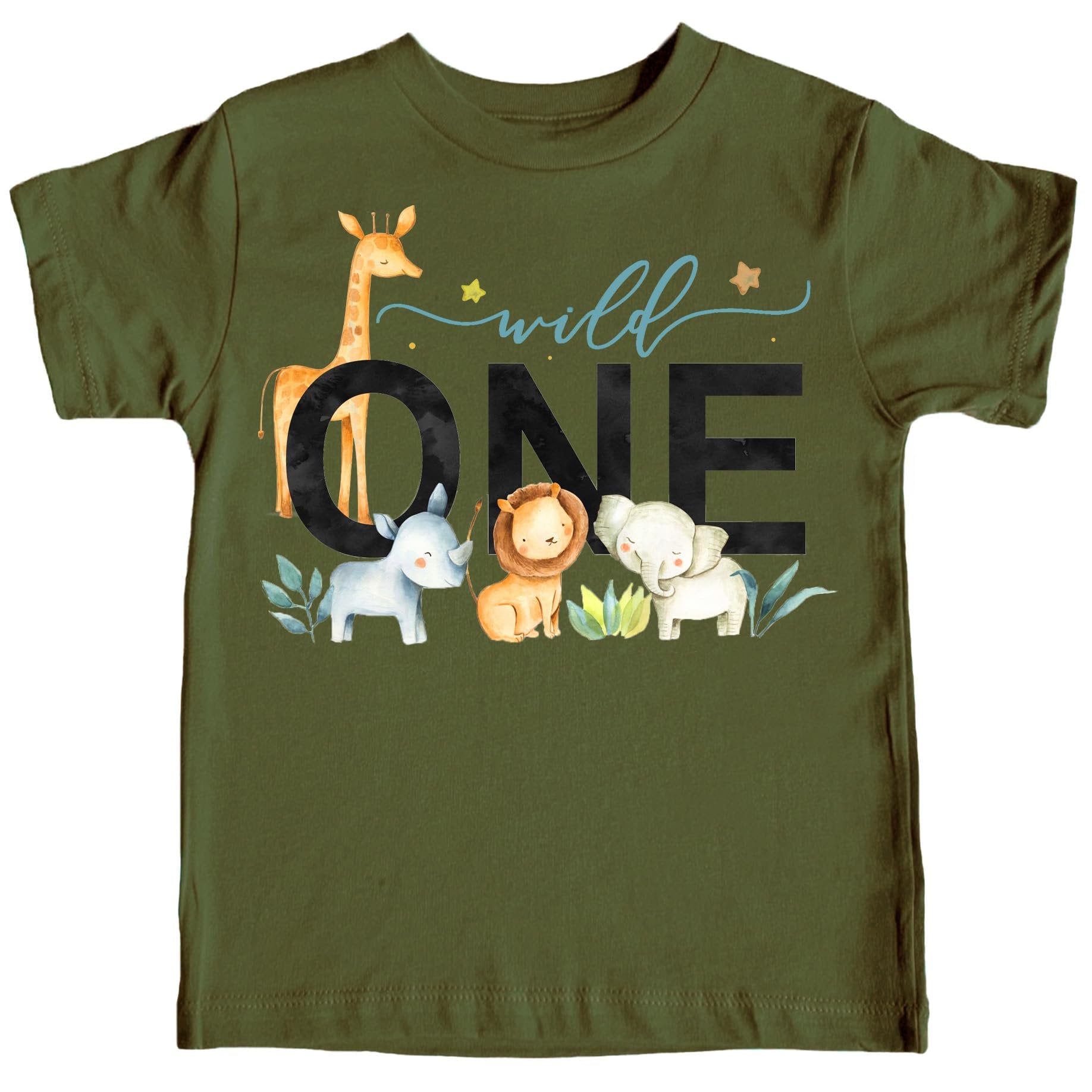 Close-up of Wild One text and safari animal graphics on military green toddler t-shirt