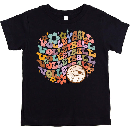 Front view of black volleyball school spirit tee with groovy graphic design