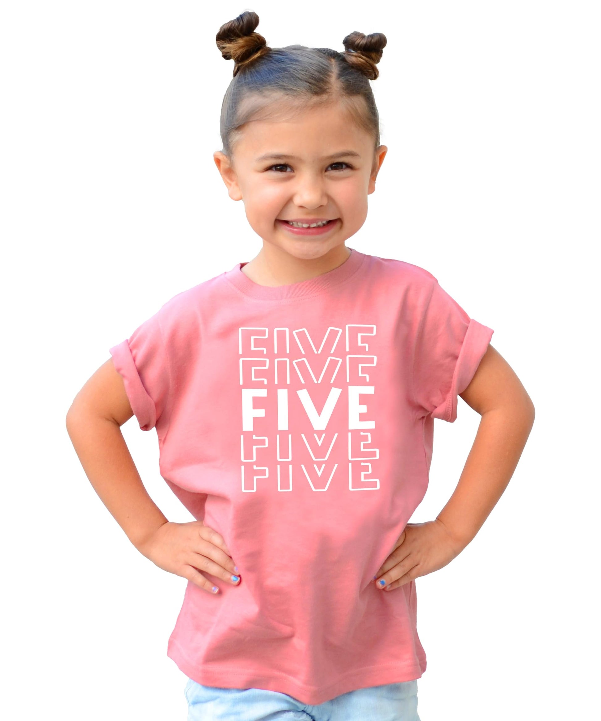 Girl wearing bold fifth birthday graphic tee in military green and white