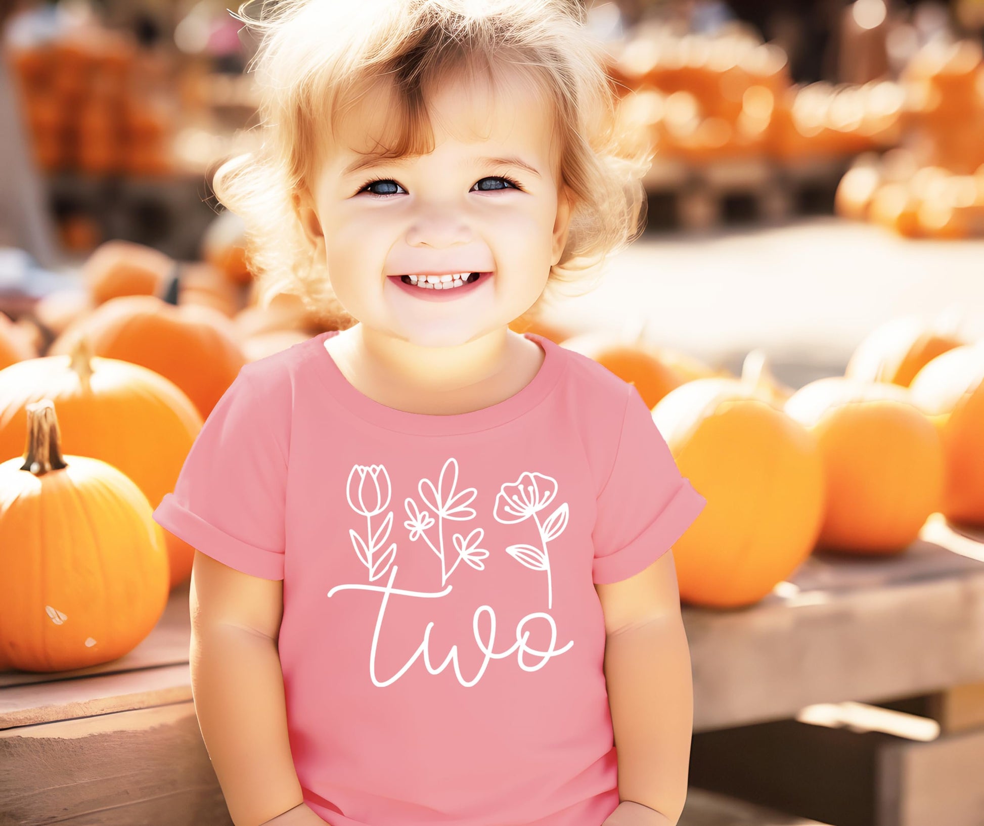Back view of mauve toddler birthday shirt with floral Two cursive design