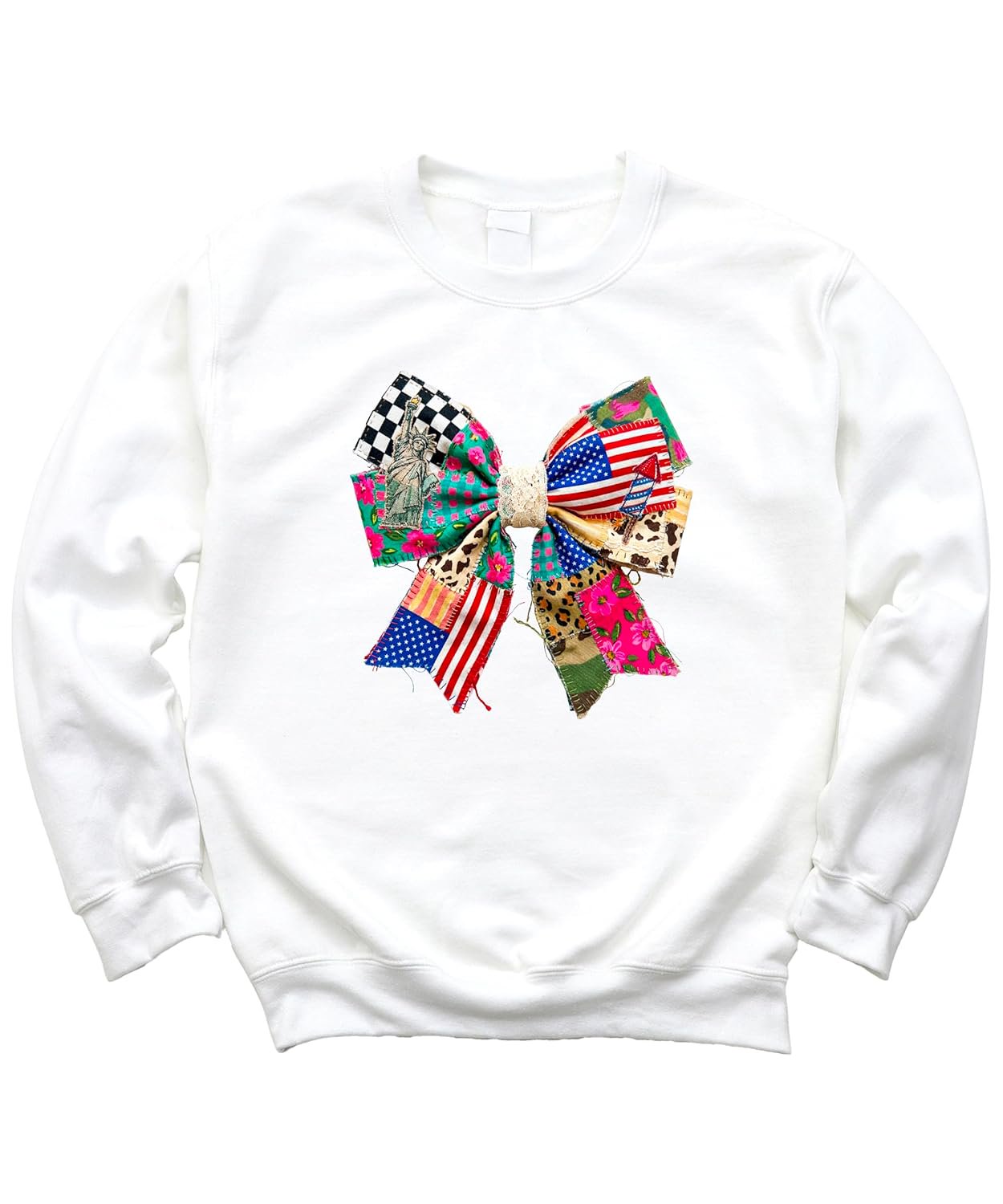 Flat lay of white coquette sweatshirt with Americana bow graphic on neutral background showing full design