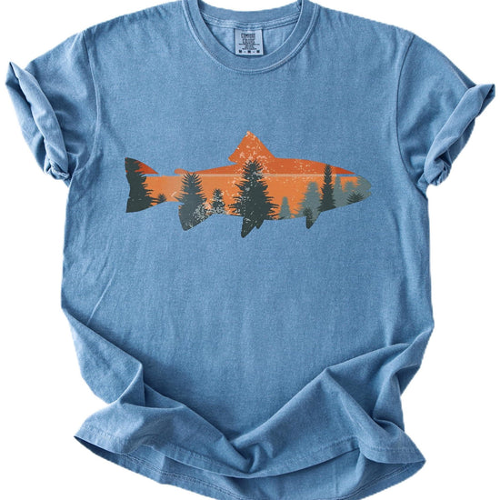 Detail of trout and tree line sunset design print on seafoam green shirt