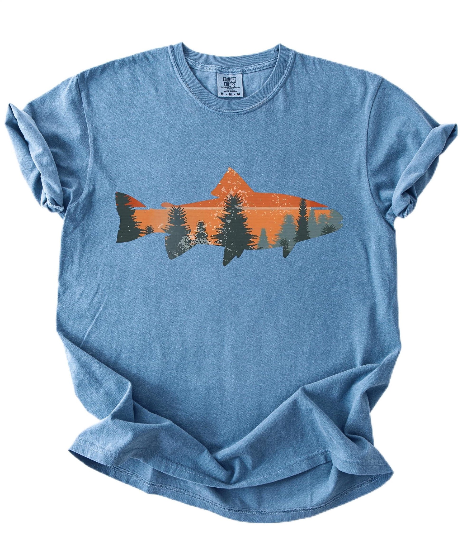 Detail of trout and tree line sunset design print on seafoam green shirt