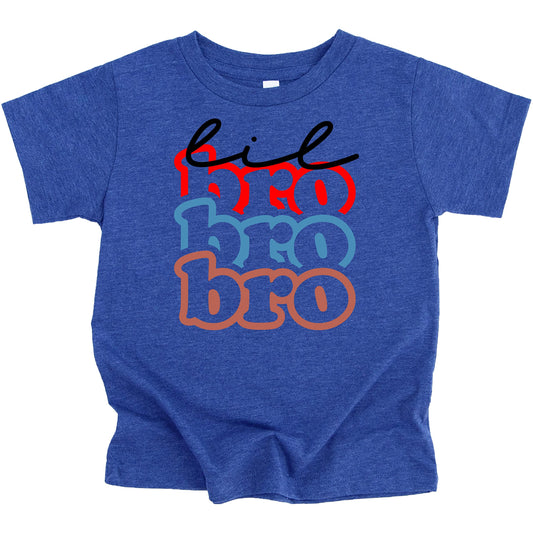 Little Brother matching sibling shirt with vibrant stacked design on white background