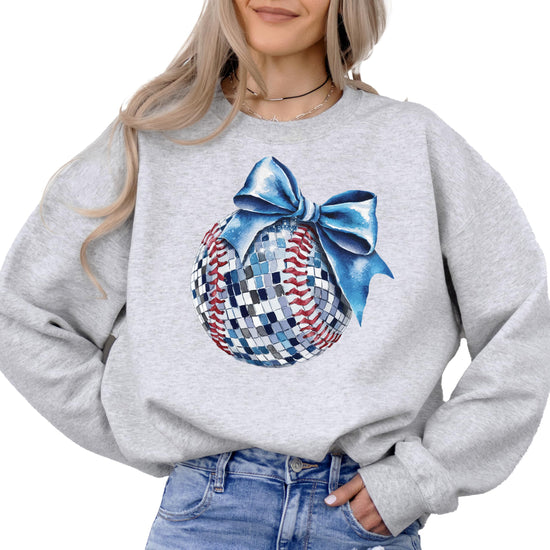 Front view of gray disco softball pullover sweatshirt laid flat