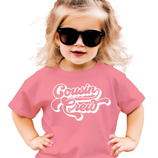 Toddler bodysuit with vintage cousin crew design in mauve color
