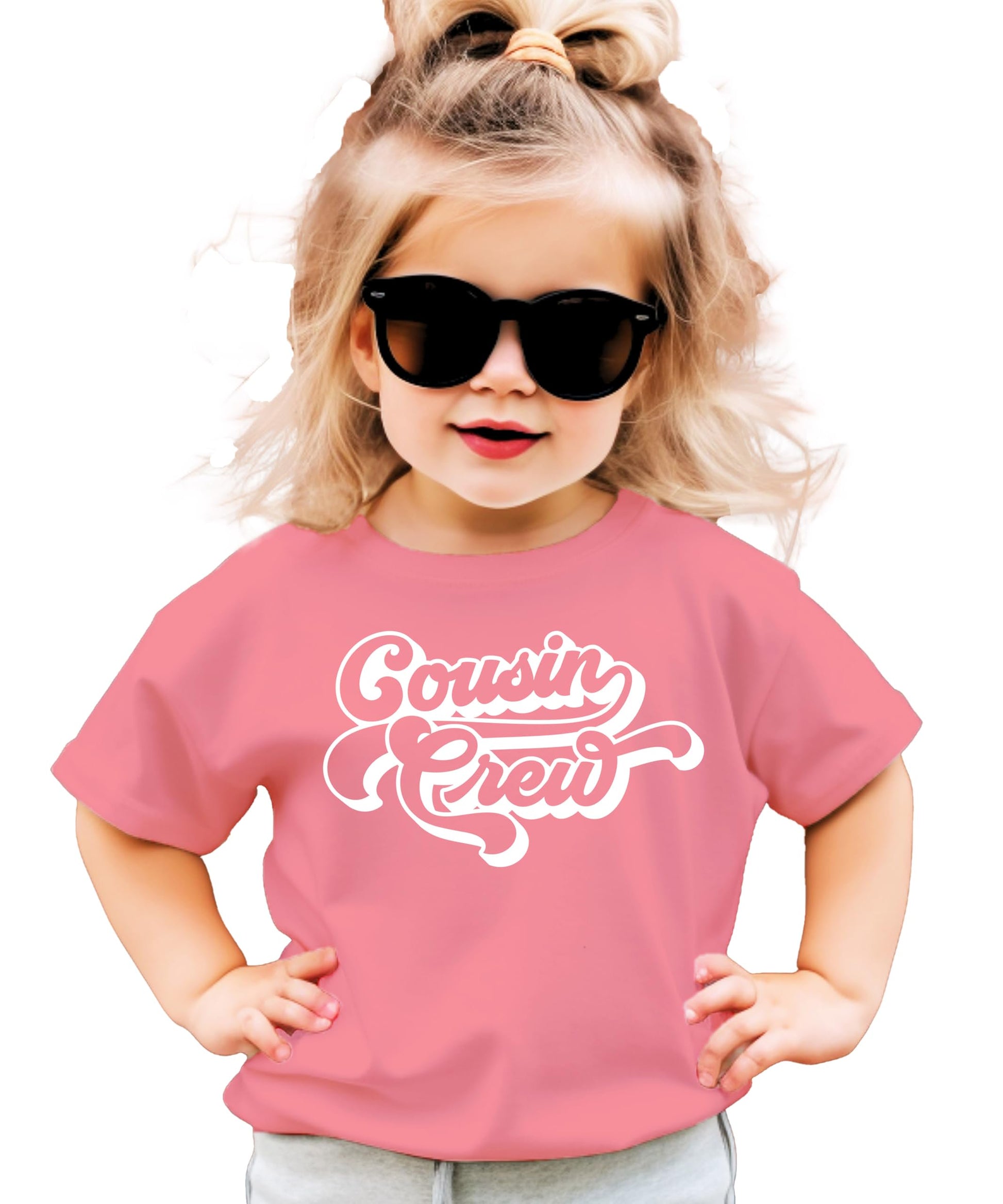 Toddler bodysuit with vintage cousin crew design in mauve color