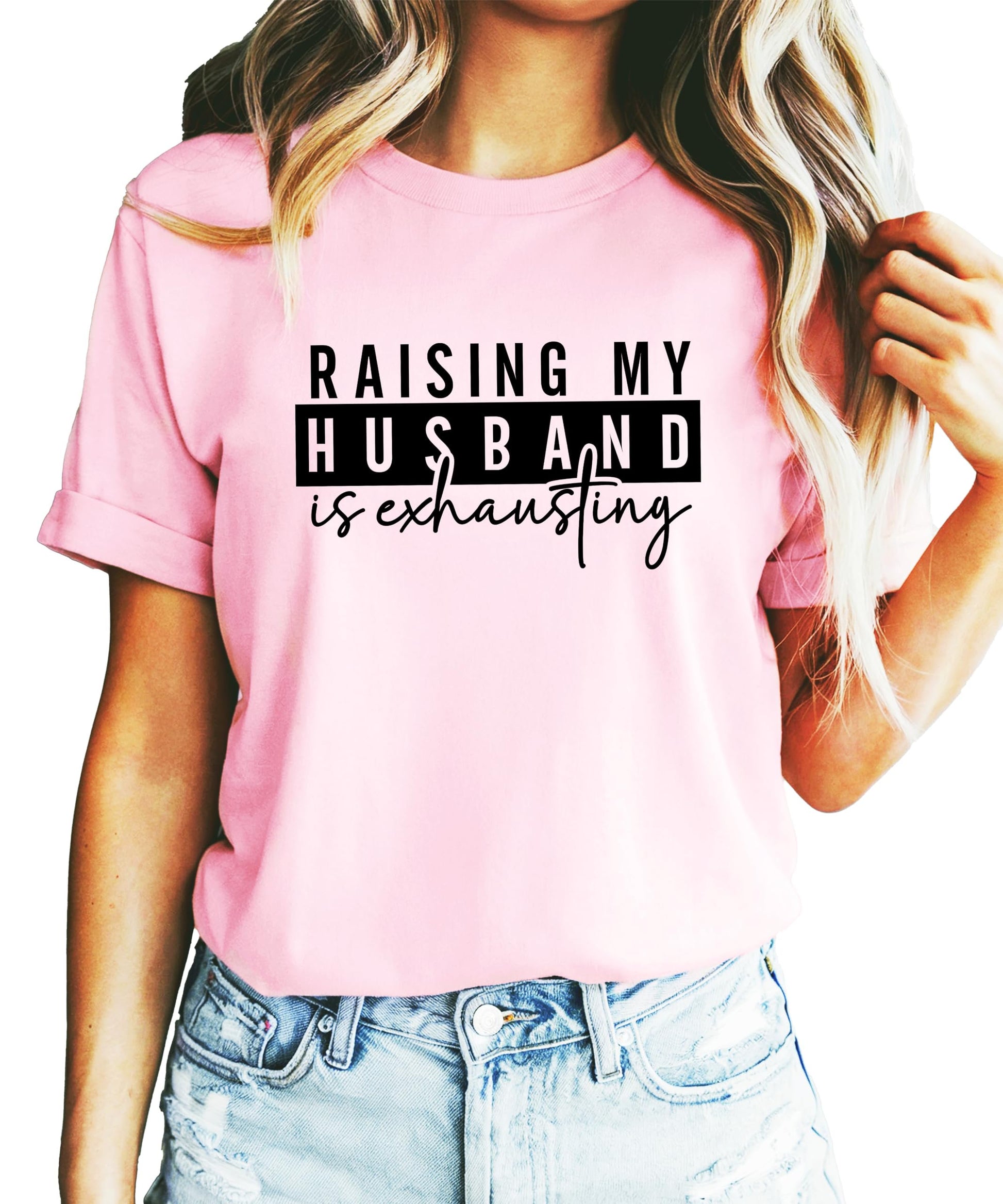Lifestyle view of women's casual funny graphic tee with husband humor saying