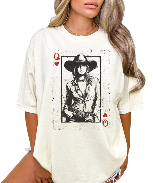Vintage Cowboy Hat Queen of Hearts Country Shirt - Western Graphic Tee Cowgirl Top for Women
