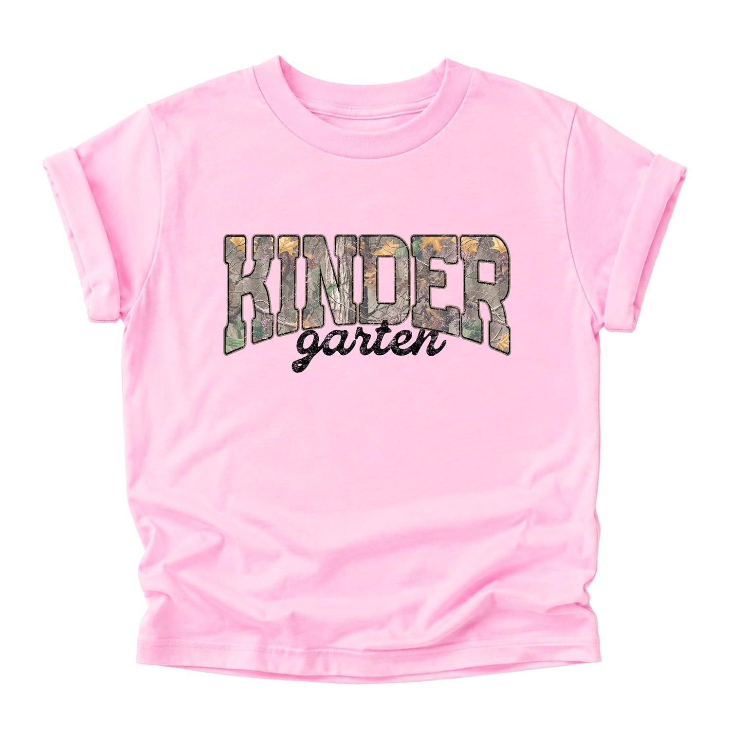 Close-up of camo leaf print Kindergarten design screen-printed on kids graphic tee