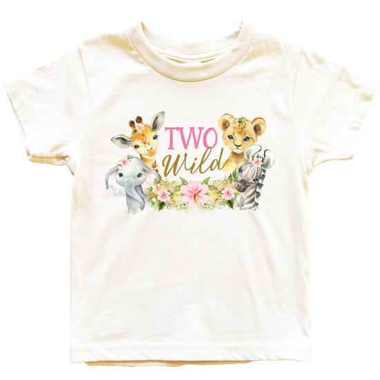 Two Wild birthday shirt with safari animals including giraffe, lion, elephant and zebra