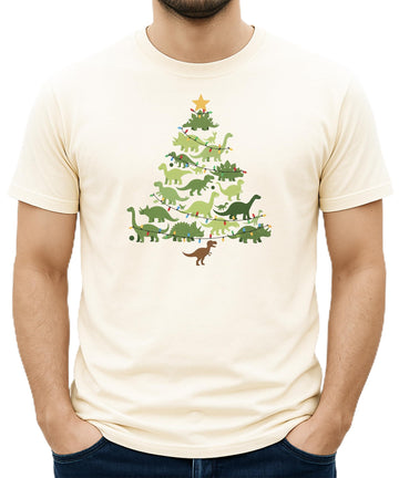 Green dinosaur Christmas tree shirt on natural colored tee - front view of holiday graphic design