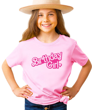 Flat lay of purple birthday girl doll graphic shirt for toddlers and kids