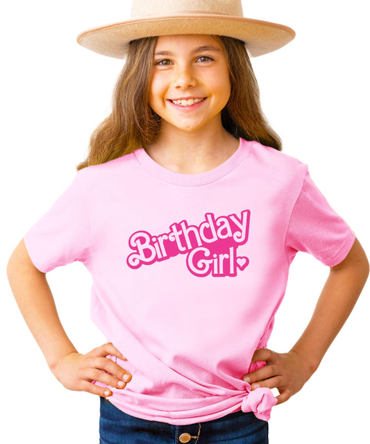 Flat lay of purple birthday girl doll graphic shirt for toddlers and kids