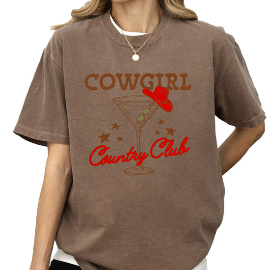 Back or side view of Cowgirl Country Club western graphic shirt for women