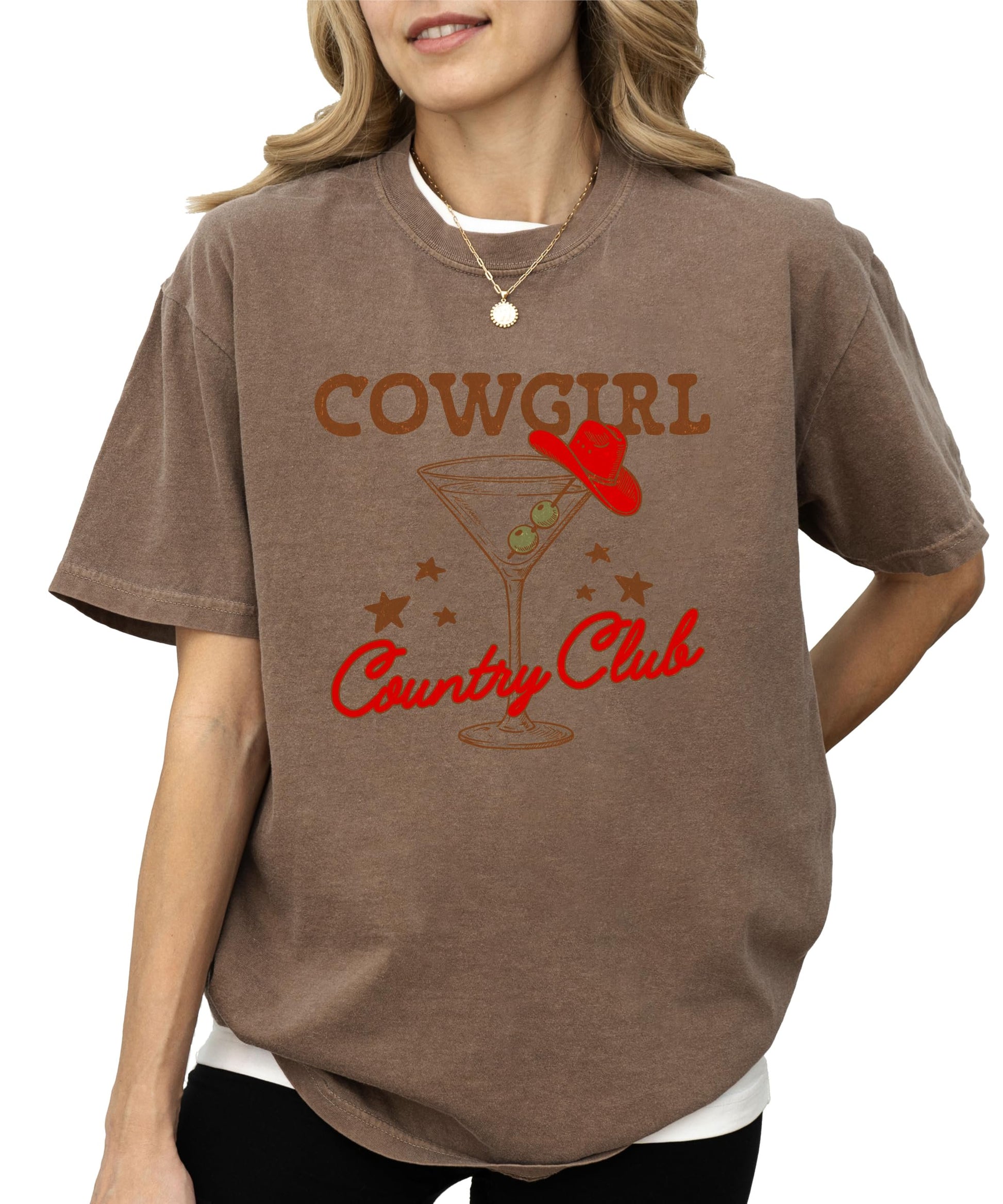 Back or side view of Cowgirl Country Club western graphic shirt for women