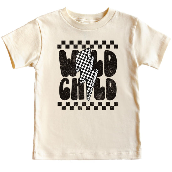 Wild Child checkered boys tee with lightning bolt design on natural colored shirt