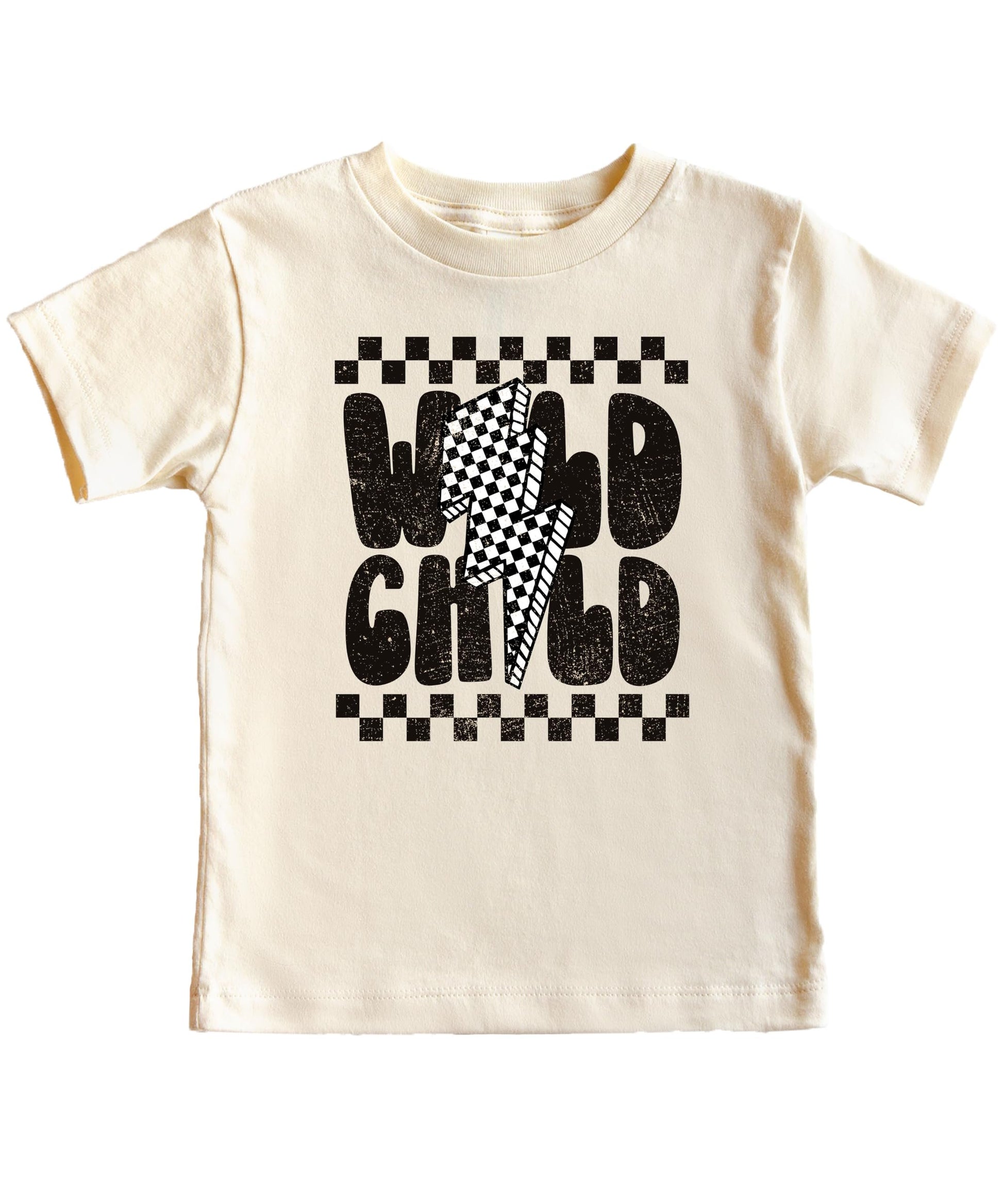 Wild Child checkered boys tee with lightning bolt design on natural colored shirt
