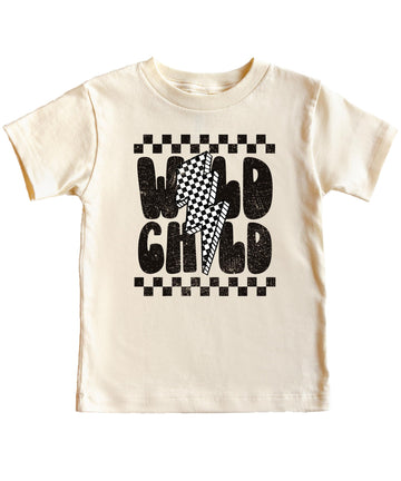 Wild Child checkered boys tee with lightning bolt design on natural colored shirt