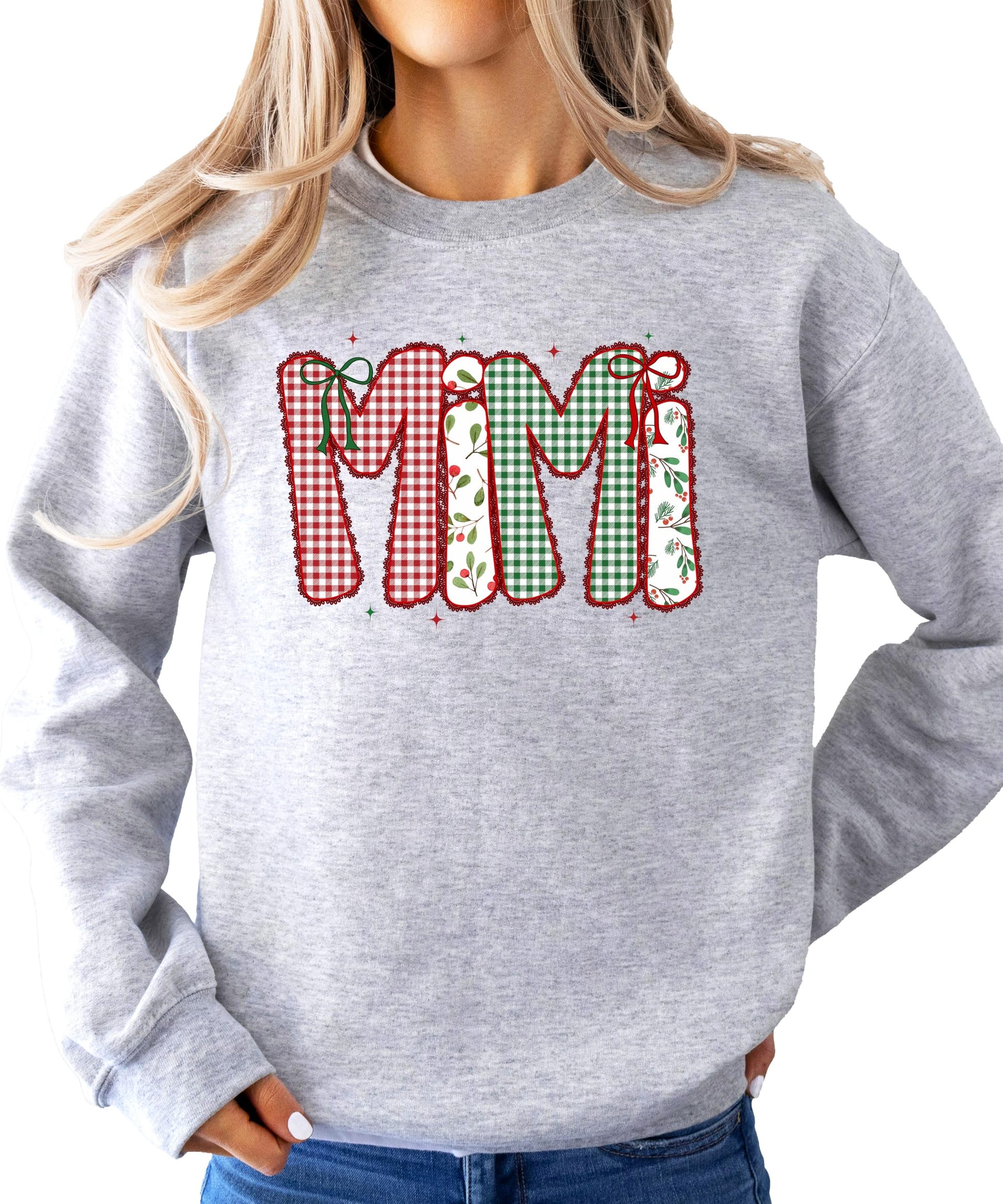 Nana Christmas sweatshirt with elegant ink-printed lace holiday pattern on red fabric