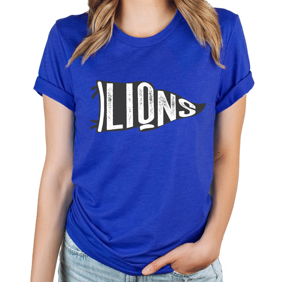 Unisex Lions vintage sports flag shirt laid flat showing full graphic print