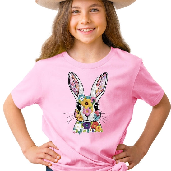 Easter bunny floral t-shirt flat lay showing mauve color and embroidered-look print