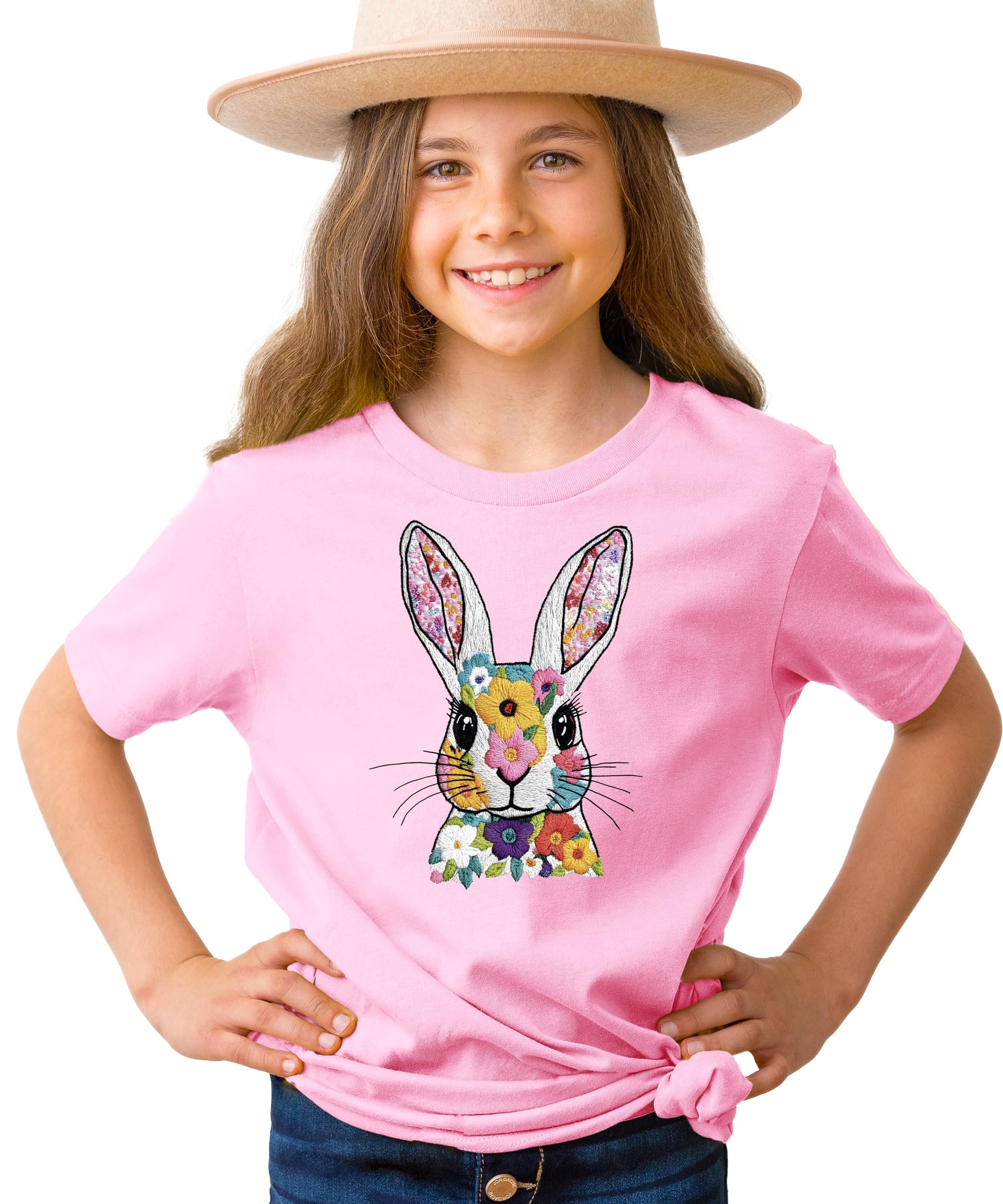 Easter bunny floral t-shirt flat lay showing mauve color and embroidered-look print