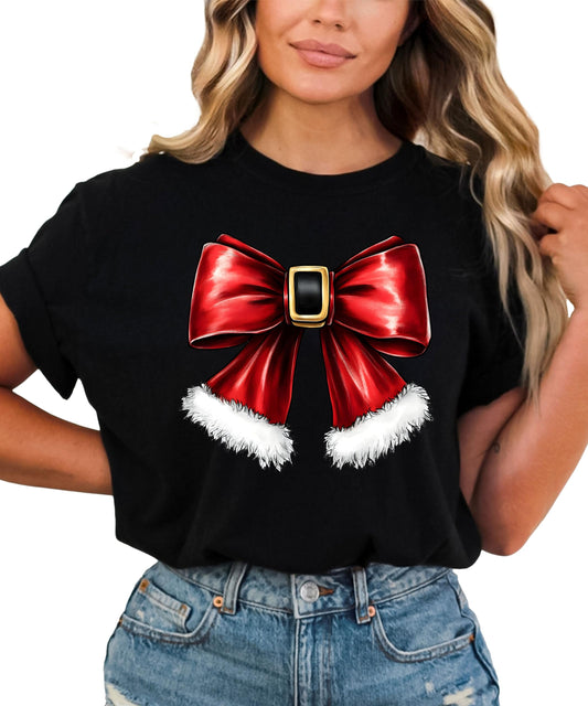 Santa Bow Shirt for Women Teens and Kids Cute Winter Holiday Tee