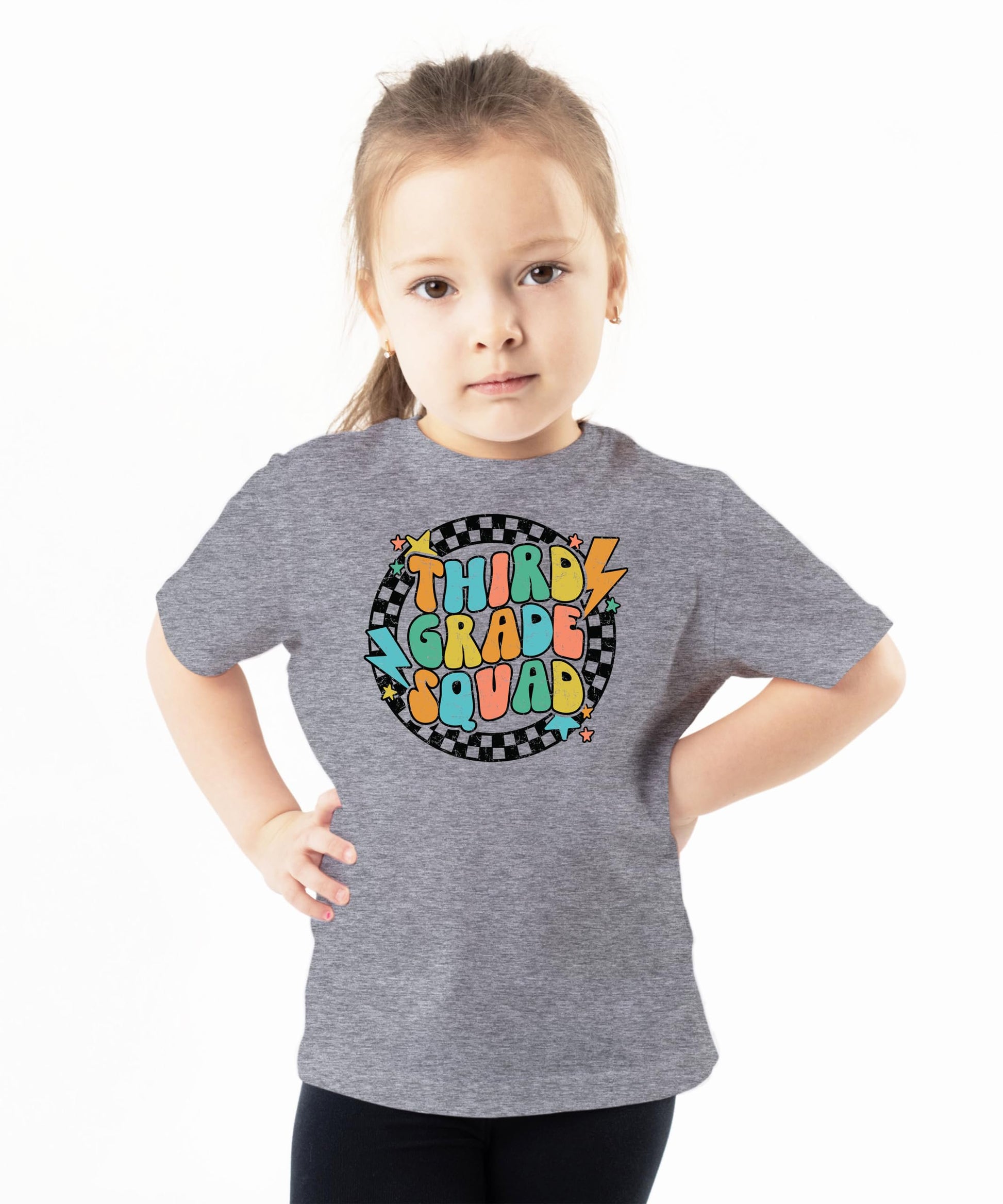 3rd Grade Squad lightning bolt graphic tee laid flat showing full design detail on natural fabric